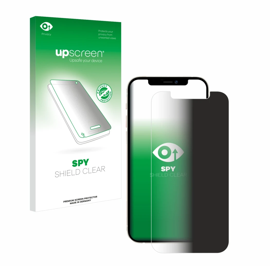 Front side of a product packaging with the brand logo upscreen. Next to it is the device Apple iPhone 12 shown with the corres