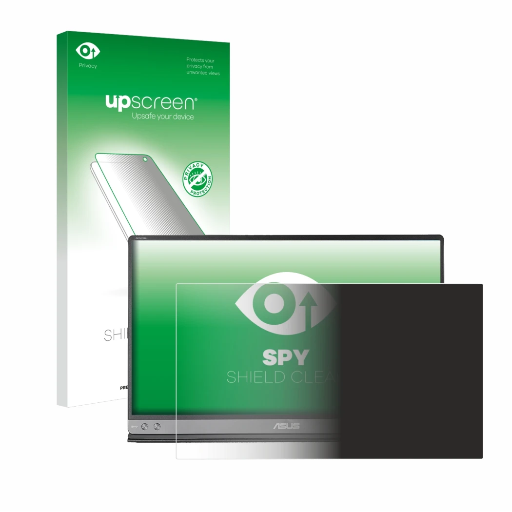 Front side of a product packaging with the brand logo upscreen. Next to it is the device ASUS ZenScreen MB16AC shown with the 