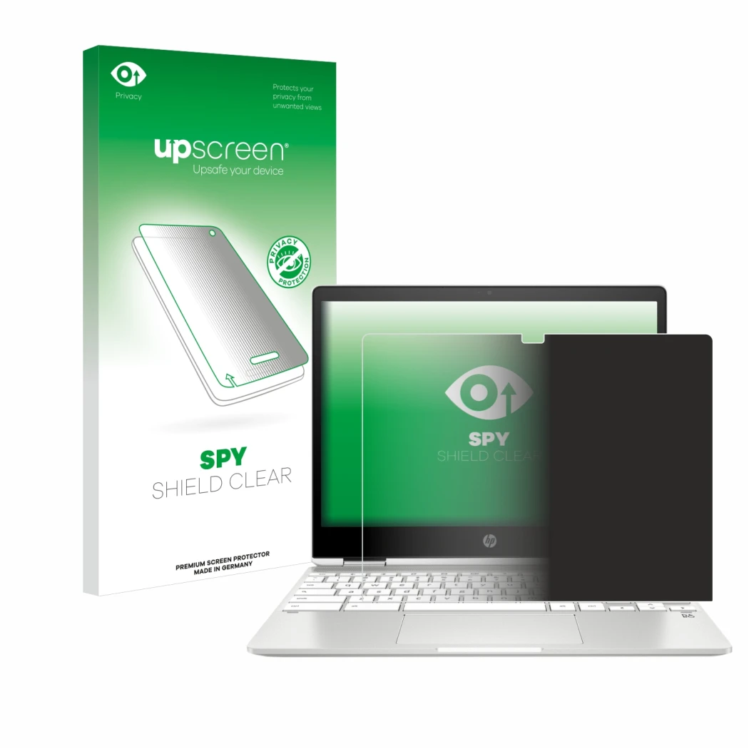 Front side of a product packaging with the brand logo upscreen. Next to it is the device HP Chromebook x360 12b-ca0005nf shown