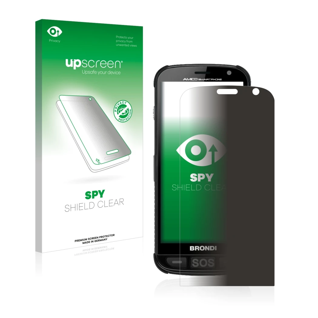 Front side of a product packaging with the brand logo upscreen. Next to it is the device Brondi Amico shown with the correspon
