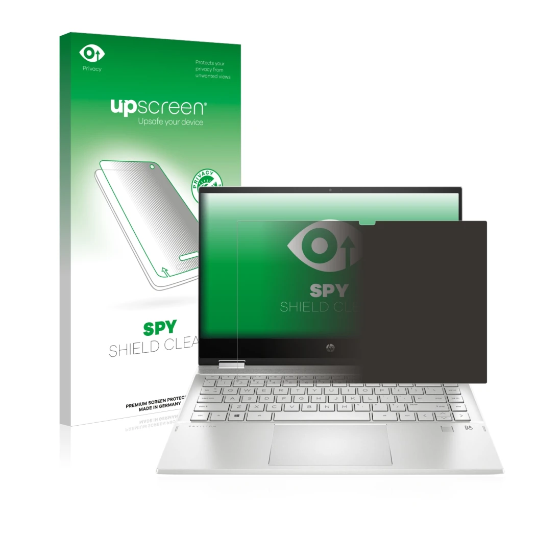 Front side of a product packaging with the brand logo upscreen. Next to it is the device HP Pavilion x360 (14-dwX) shown with 