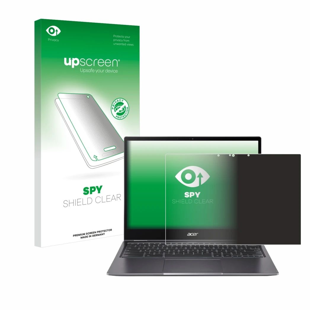 Front side of a product packaging with the brand logo upscreen. Next to it is the device Acer Chromebook Spin 713 shown with t