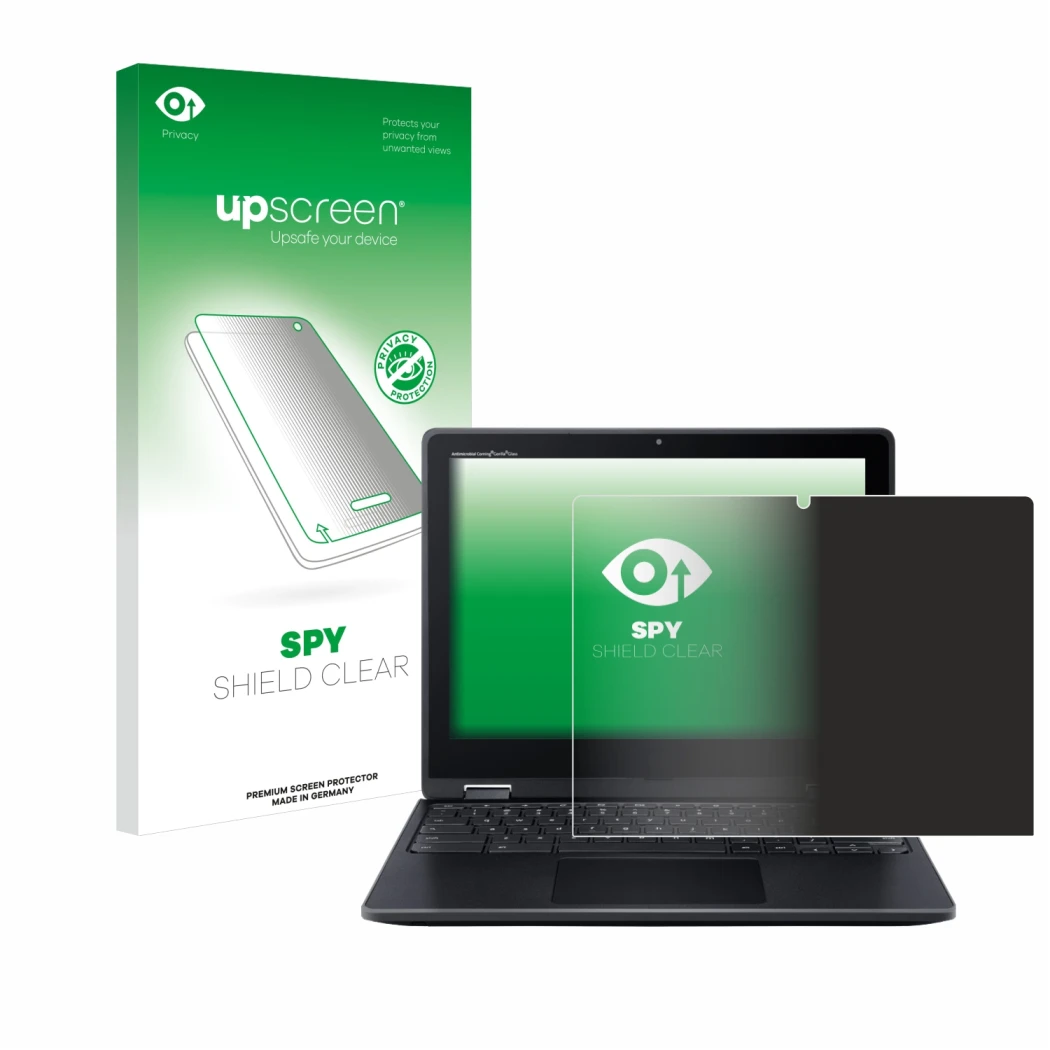 Front side of a product packaging with the brand logo upscreen. Next to it is the device Acer Chromebook Spin 512 shown with t