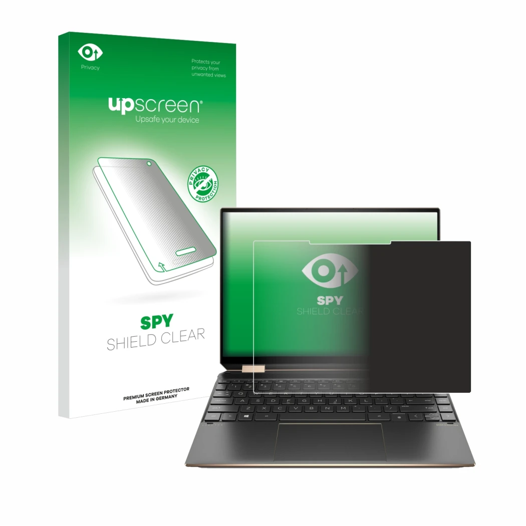 Front side of a product packaging with the brand logo upscreen. Next to it is the device HP Spectre x360 (14-eX) 2021 shown wi