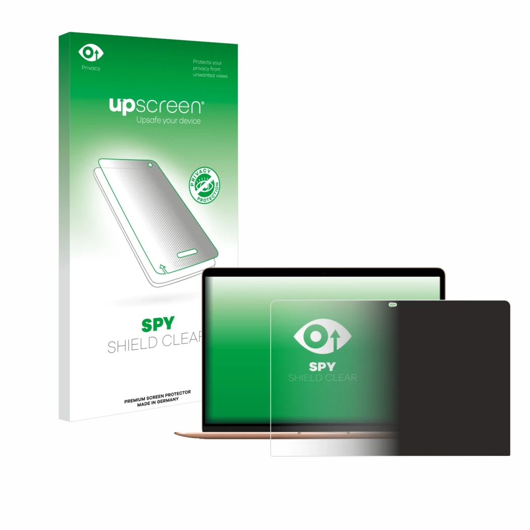 Front side of a product packaging with the brand logo upscreen. Next to it is the device Apple MacBook Air M1 2020 shown with 