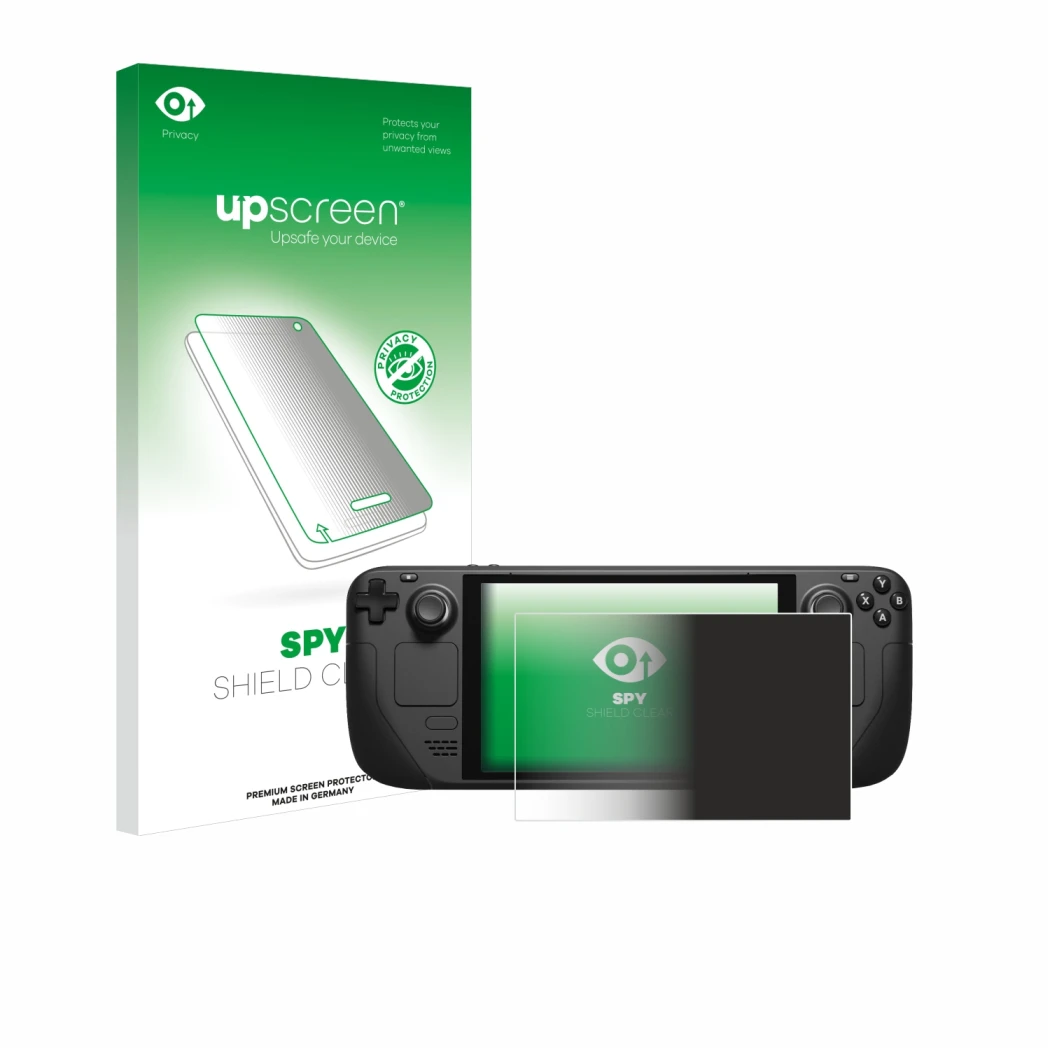 Front side of a product packaging with the brand logo upscreen. Next to it is the device Valve Steam Deck shown with the corre