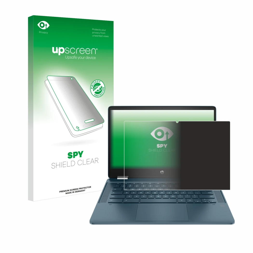 Front side of a product packaging with the brand logo upscreen. Next to it is the device HP Chromebook x360 (14b-cbX) shown wi