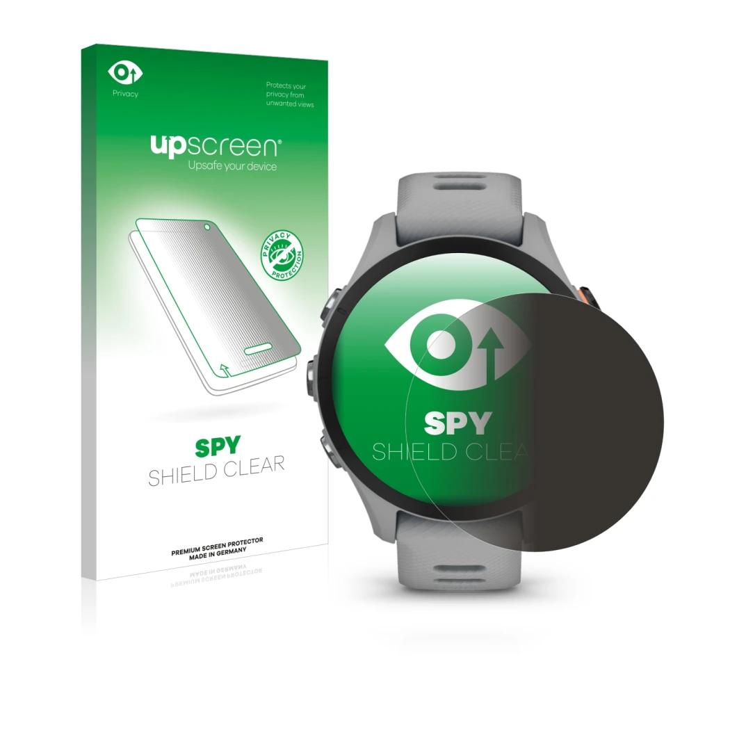 Front side of a product packaging with the brand logo upscreen. Next to it is the device Garmin Forerunner 255S shown with the
