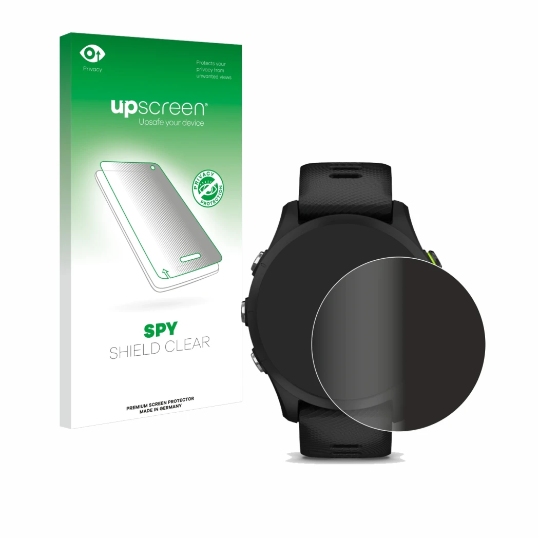 Front side of a product packaging with the brand logo upscreen. Next to it is the device Garmin Forerunner 255 shown with the