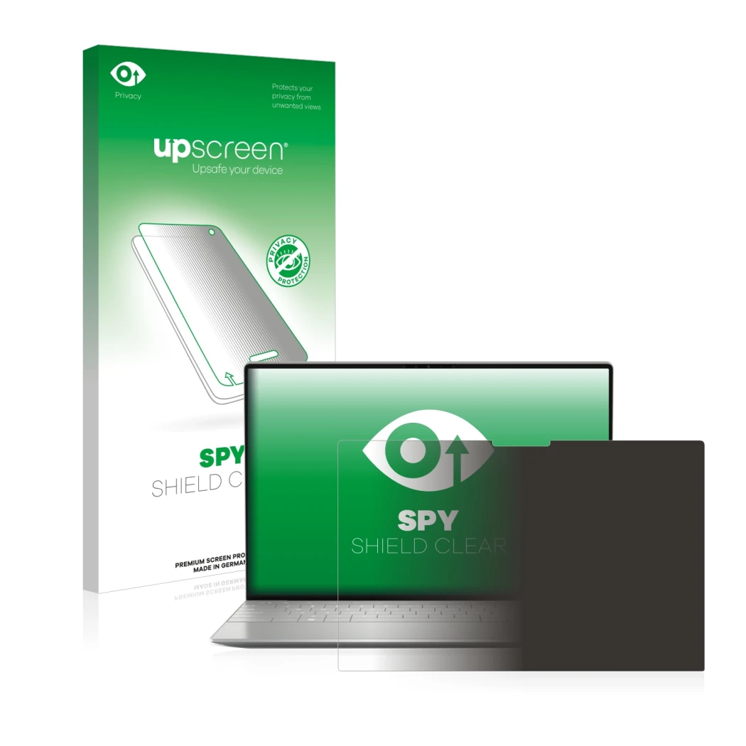 Front side of a product packaging with the brand logo upscreen. Next to it is the device Dell XPS 13 Plus 9320 Touch shown wit
