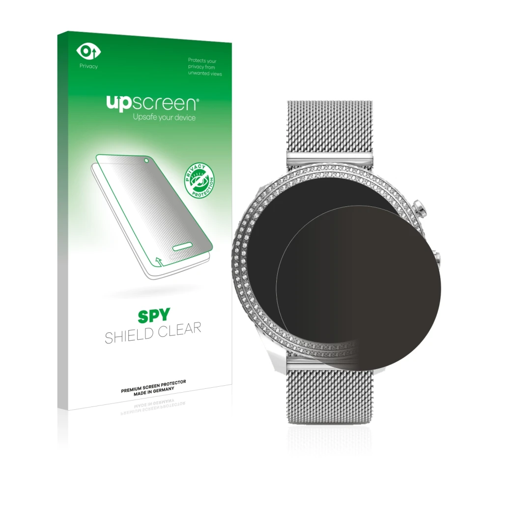 Front side of a product packaging with the brand logo upscreen. Next to it is the device Fossil Stella (6. Gen) shown with the