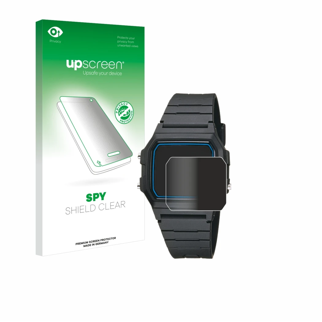 Front side of a product packaging with the brand logo upscreen. Next to it is the device Casio F-105W-1AWYEF shown with the co