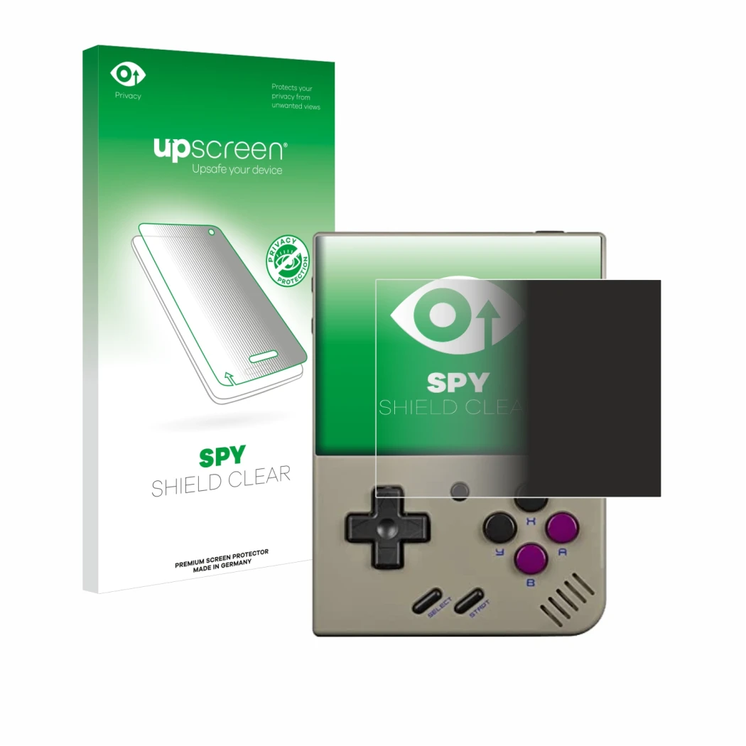 Front side of a product packaging with the brand logo upscreen. Next to it is the device Miyoo Mini Plus shown with the corres