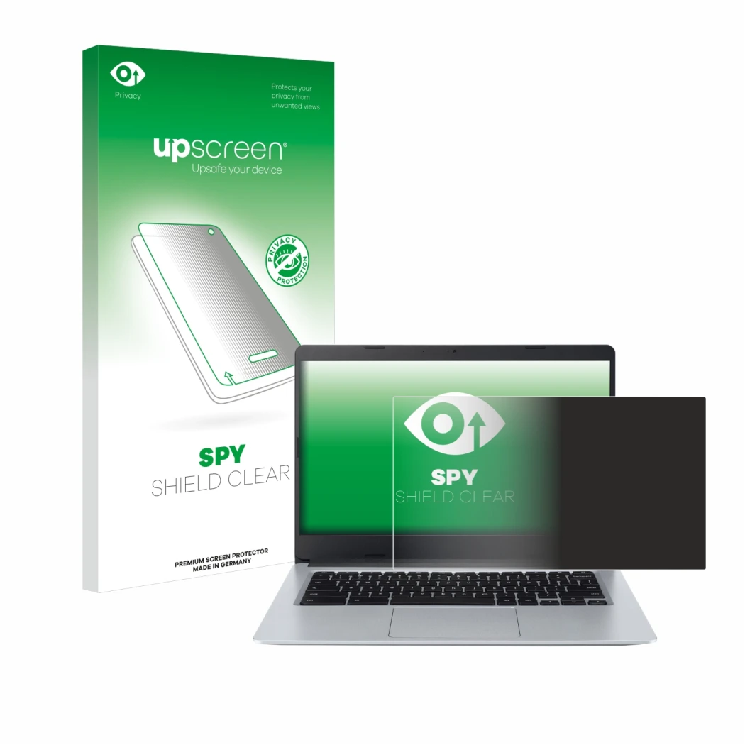 Front side of a product packaging with the brand logo upscreen. Next to it is the device Acer Chromebook Spin 314 CB314-2HT sh