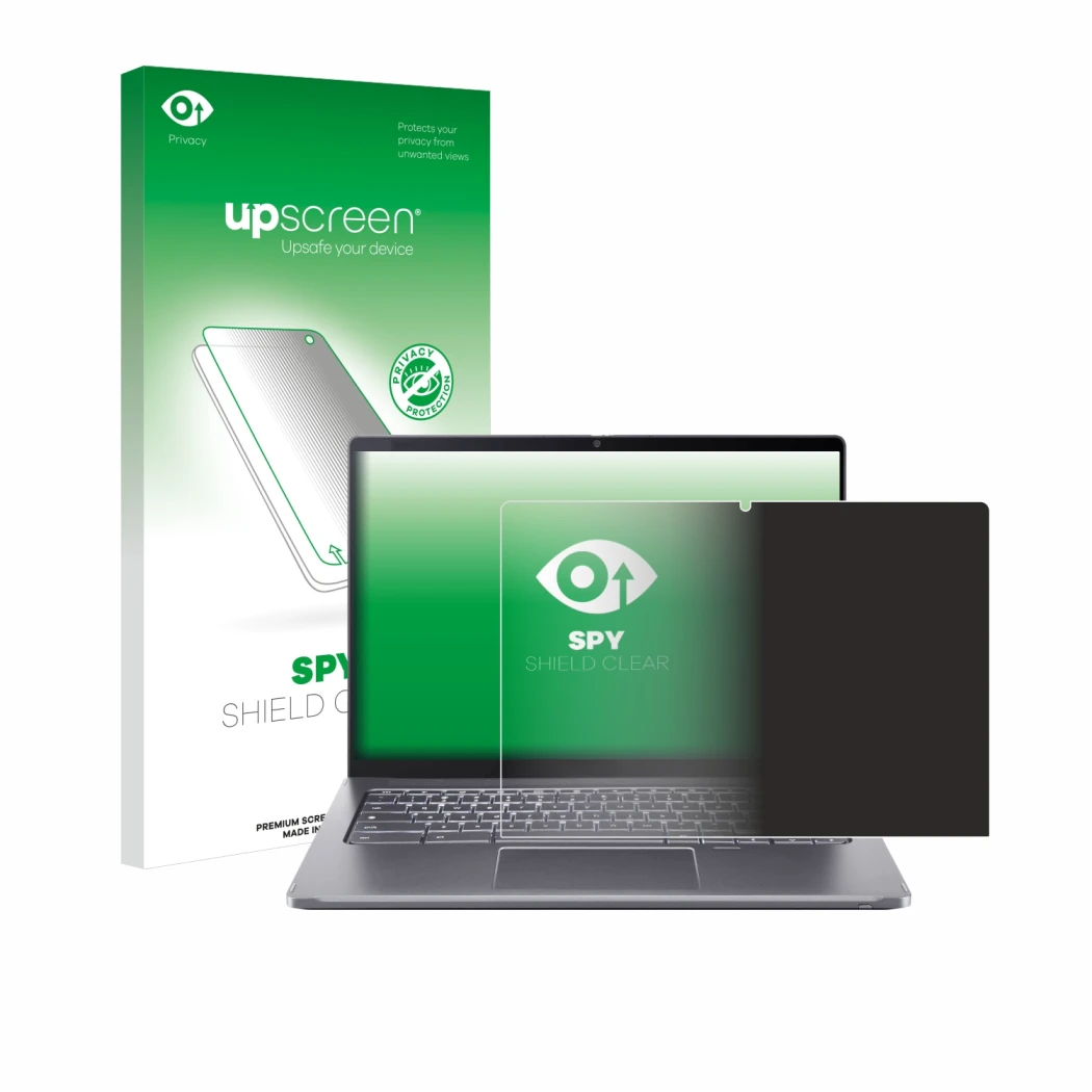 Front side of a product packaging with the brand logo upscreen. Next to it is the device Acer Chromebook Spin 714 shown with t