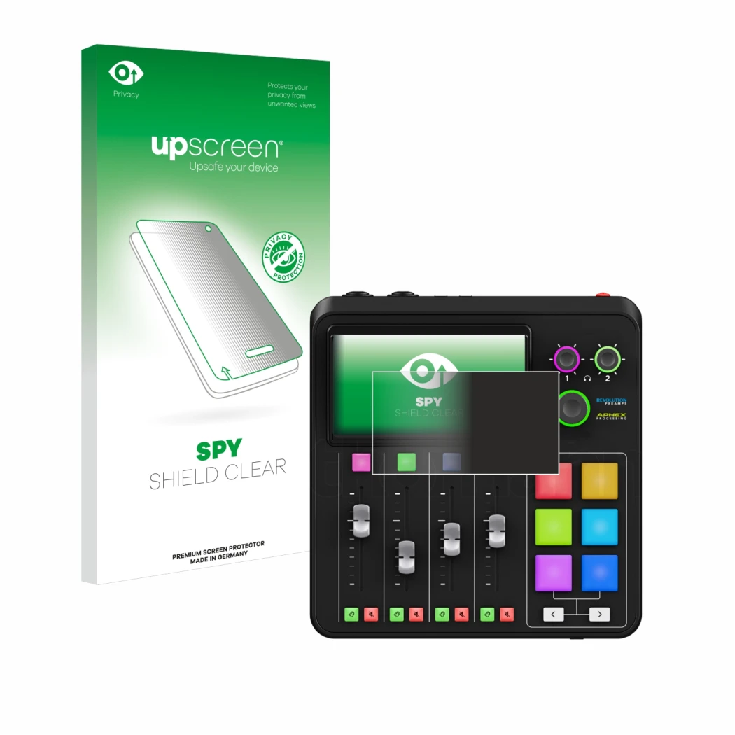 Front side of a product packaging with the brand logo upscreen. Next to it is the device Rode Rodecaster Duo shown with the co