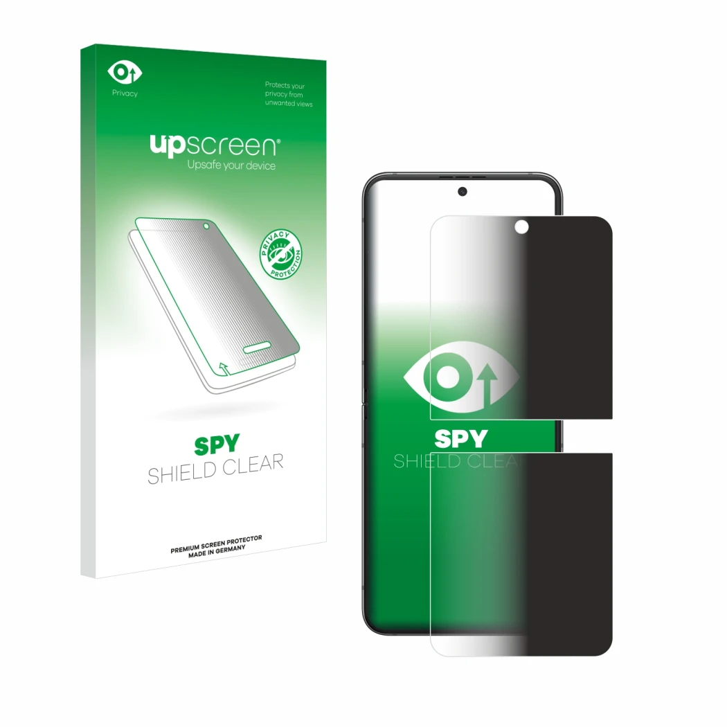 Front side of a product packaging with the brand logo upscreen. Next to it is the device Samsung Galaxy Z Flip 5 shown with th