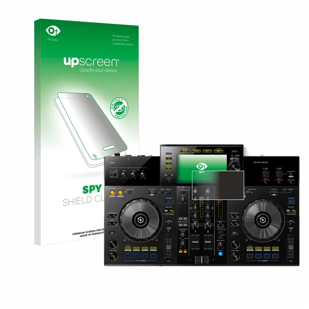 Front side of a product packaging with the brand logo upscreen. Next to it is the device Pioneer XDJ -RR shown with the corres