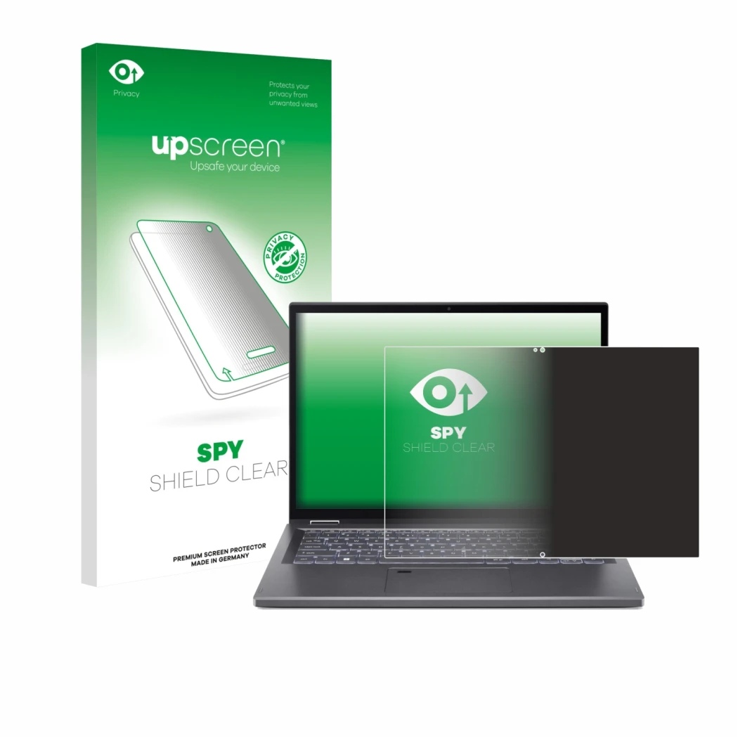 Front side of a product packaging with the brand logo upscreen. Next to it is the device Acer Aspire 5 Spin 14 shown with the 