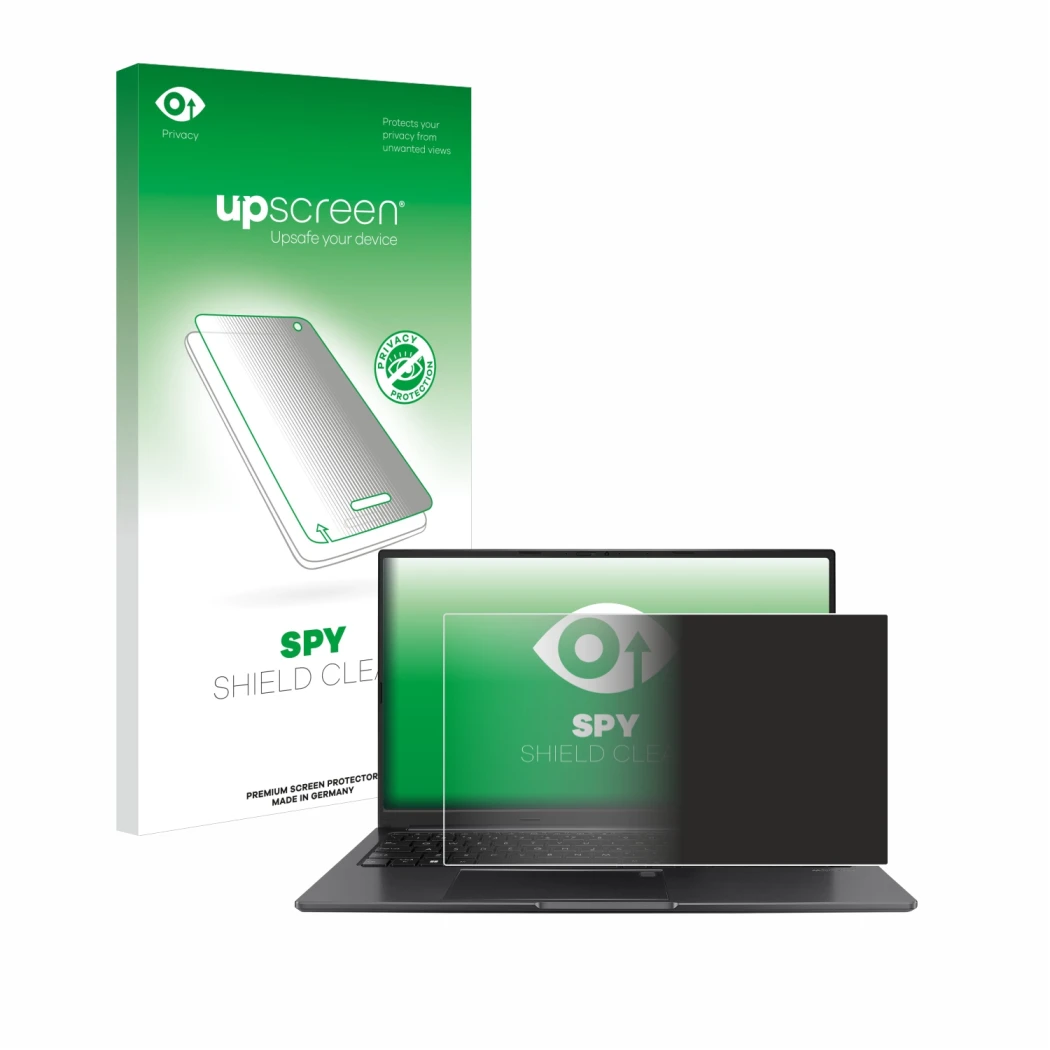 Front side of a product packaging with the brand logo upscreen. Next to it is the device ASUS Vivobook 15 OLED shown with the