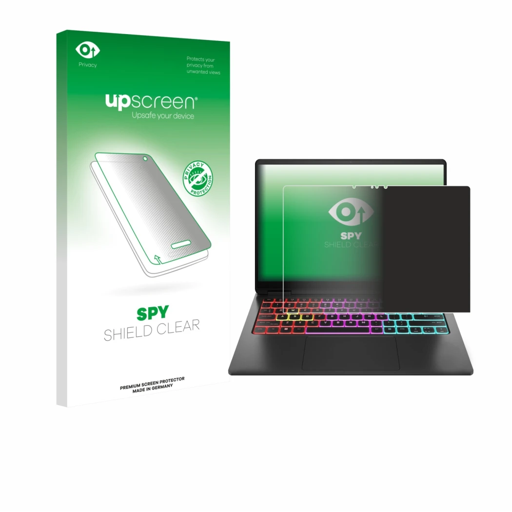 Front side of a product packaging with the brand logo upscreen. Next to it is the device HP Omen Transcend 14 shown with the c