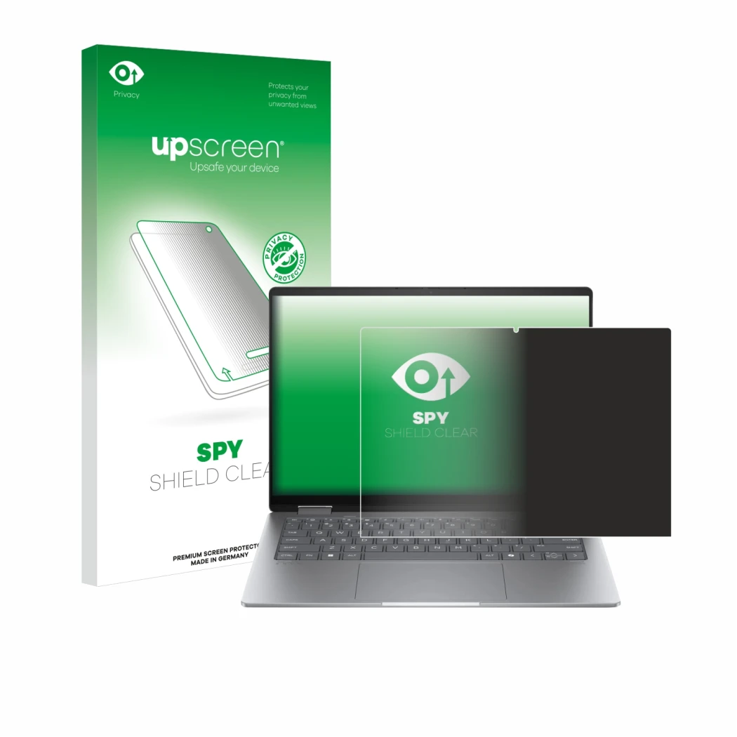 Front side of a product packaging with the brand logo upscreen. Next to it is the device HP Envy x360 14 2-in-1 shown with the