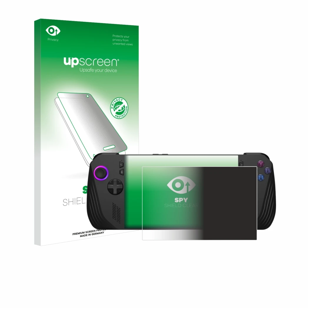 Front side of a product packaging with the brand logo upscreen. Next to it is the device ASUS ROG Ally X (2024) shown with the