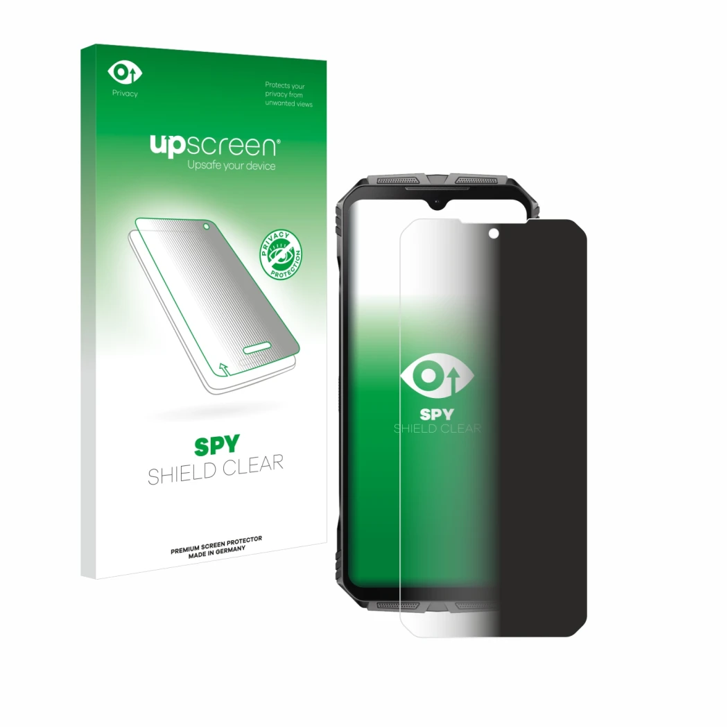 Front side of a product packaging with the brand logo upscreen. Next to it is the device Doogee S Cyber shown with the corresp