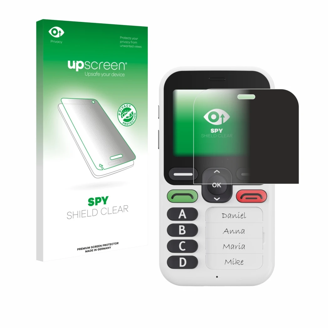 Front side of a product packaging with the brand logo upscreen. Next to it is the device Doro Leva X10 shown with the correspo