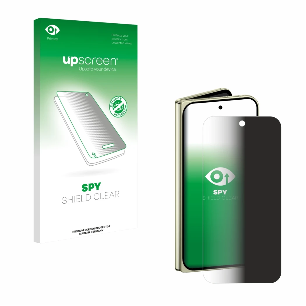 Front side of a product packaging with the brand logo upscreen. Next to it is the device Google Pixel 10 Pro Fold shown with t