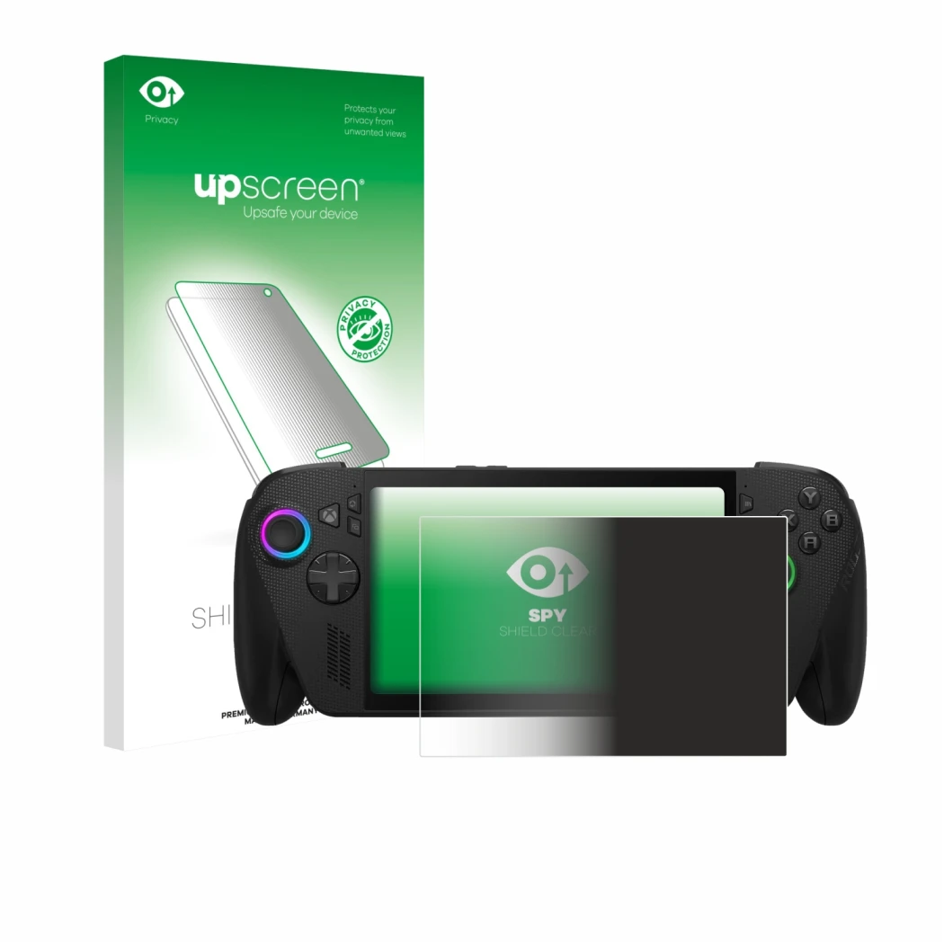 Front side of a product packaging with the brand logo upscreen. Next to it is the device ASUS ROG Xbox Ally X shown with the c