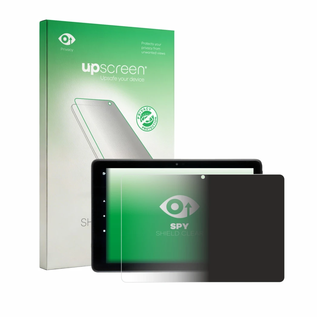 Front side of a product packaging with the brand logo upscreen. Next to it is the device Amazon Fire HD 10 2021 (11. Gen.) (La