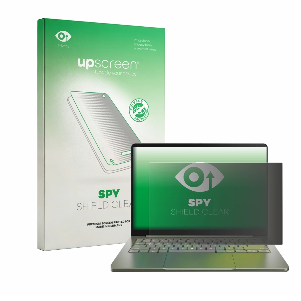 Front side of a product packaging with the brand logo upscreen. Next to it is the device Acer Swift Air 14 shown with the corr