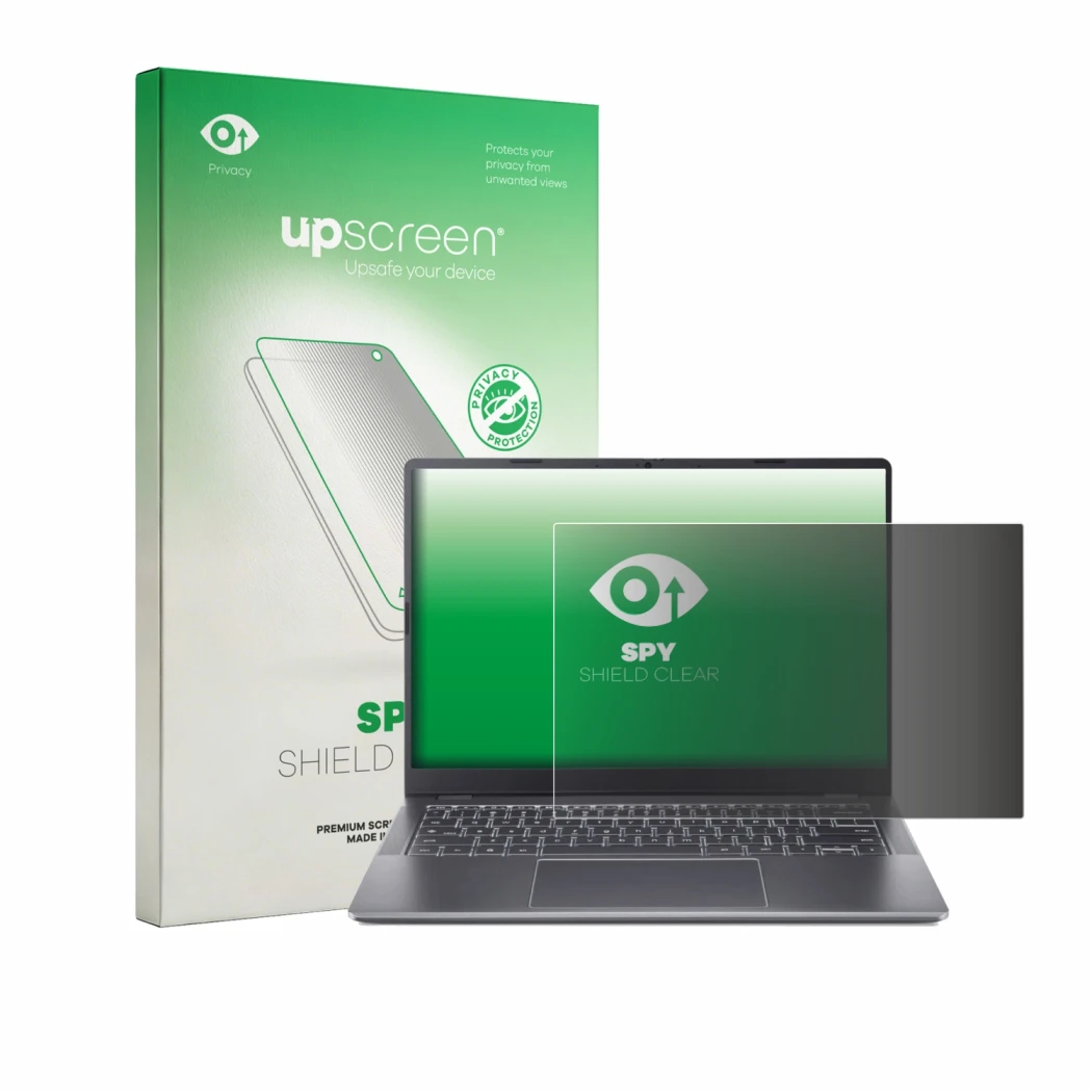 Front side of a product packaging with the brand logo upscreen. Next to it is the device Acer Chromebook Plus Enterprise 514 s