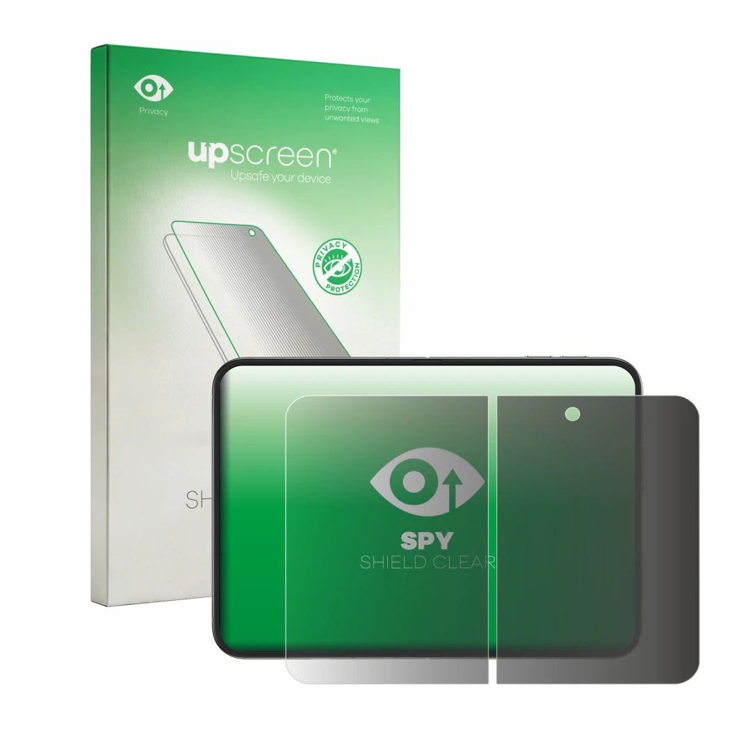 Front side of a product packaging with the brand logo upscreen. Next to it is the device Apple iPhone Duo (Inner display) show