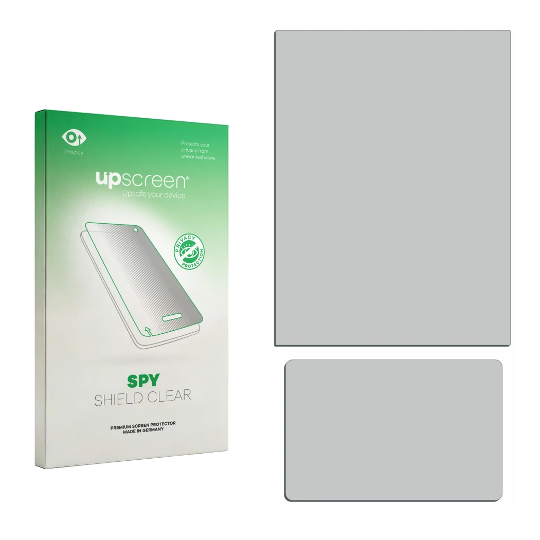 Front side of a product packaging with the brand logo upscreen. Next to it is the corresponding screen protector.