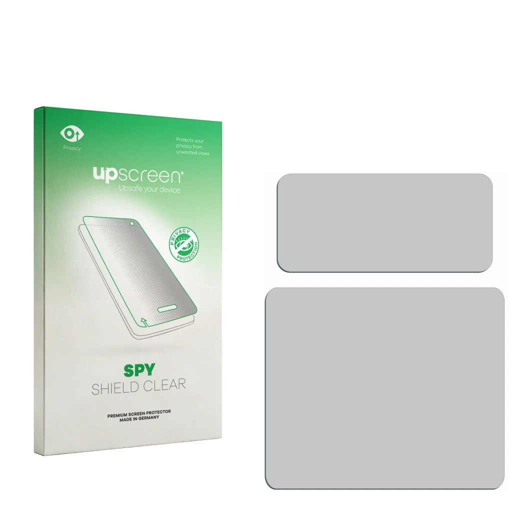 Front side of a product packaging with the brand logo upscreen. Next to it is the corresponding screen protector.