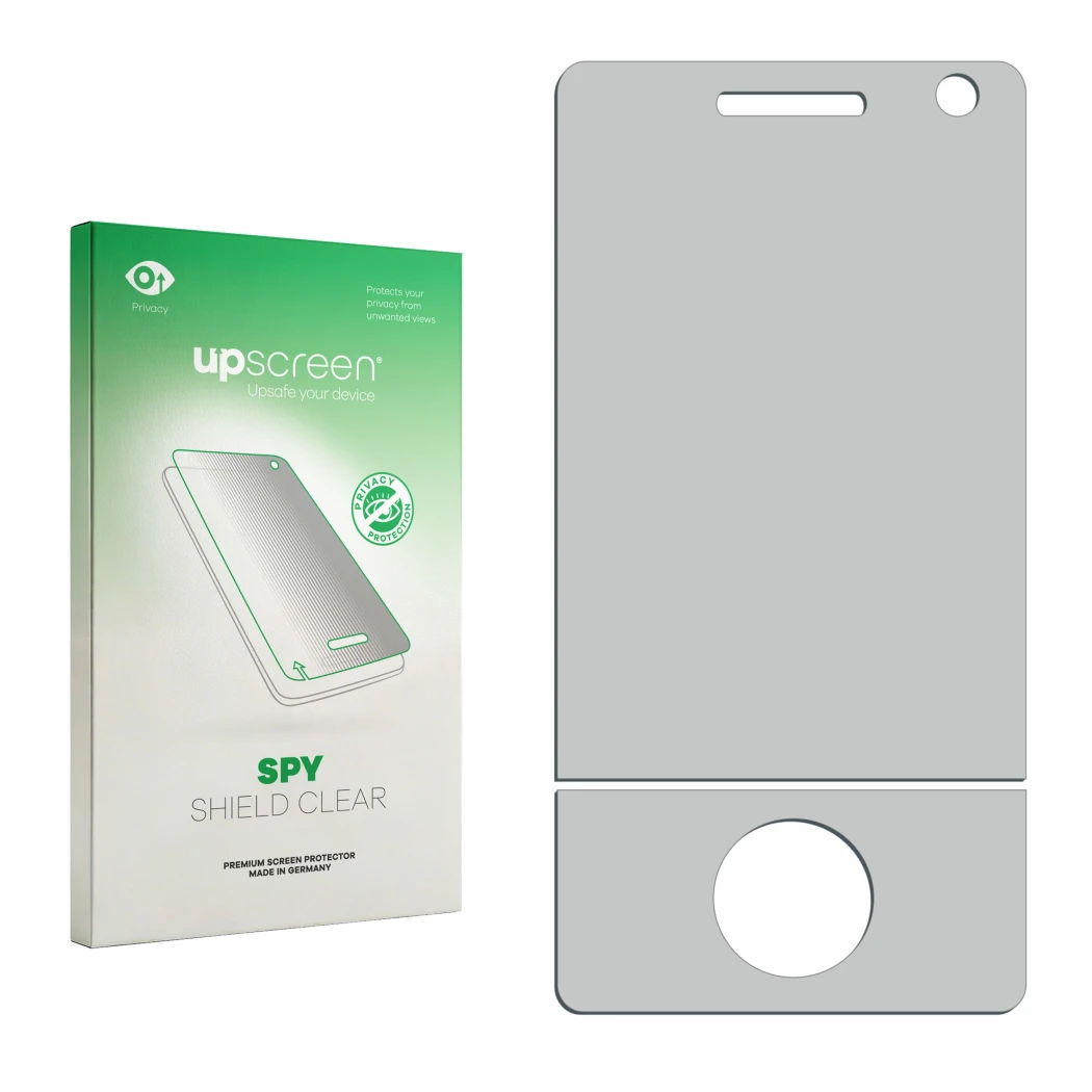 Front side of a product packaging with the brand logo upscreen. Next to it is the corresponding screen protector.
