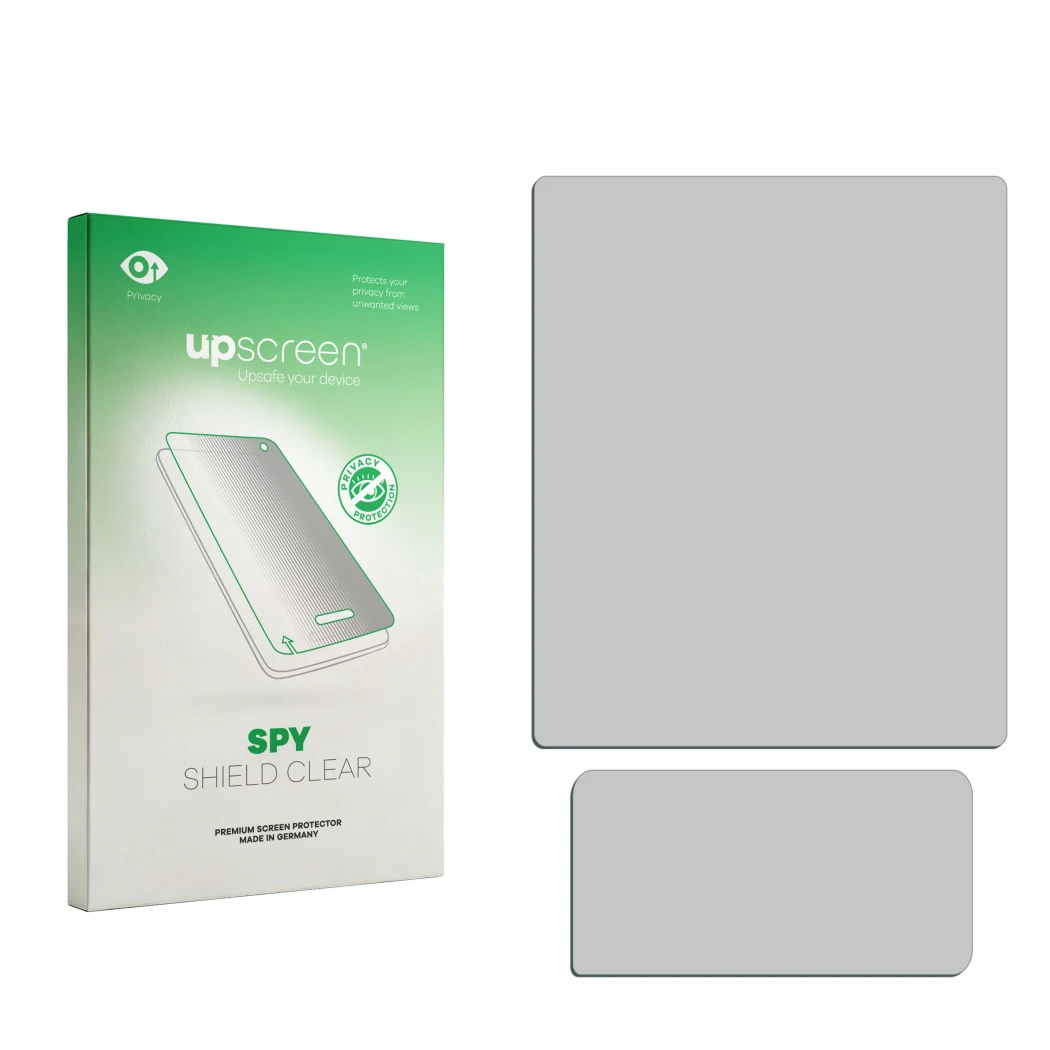 Front side of a product packaging with the brand logo upscreen. Next to it is the corresponding screen protector.