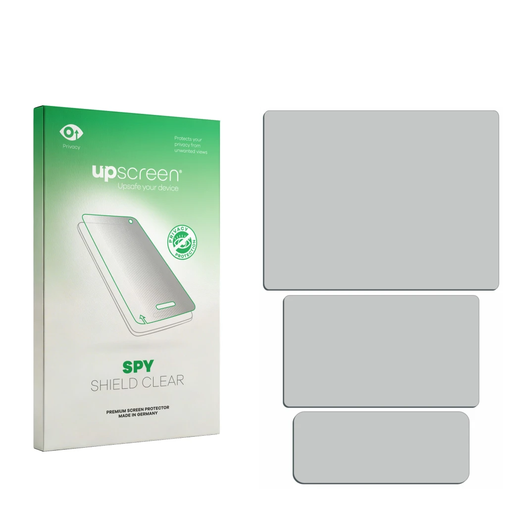 Front side of a product packaging with the brand logo upscreen. Next to it is the corresponding screen protector.