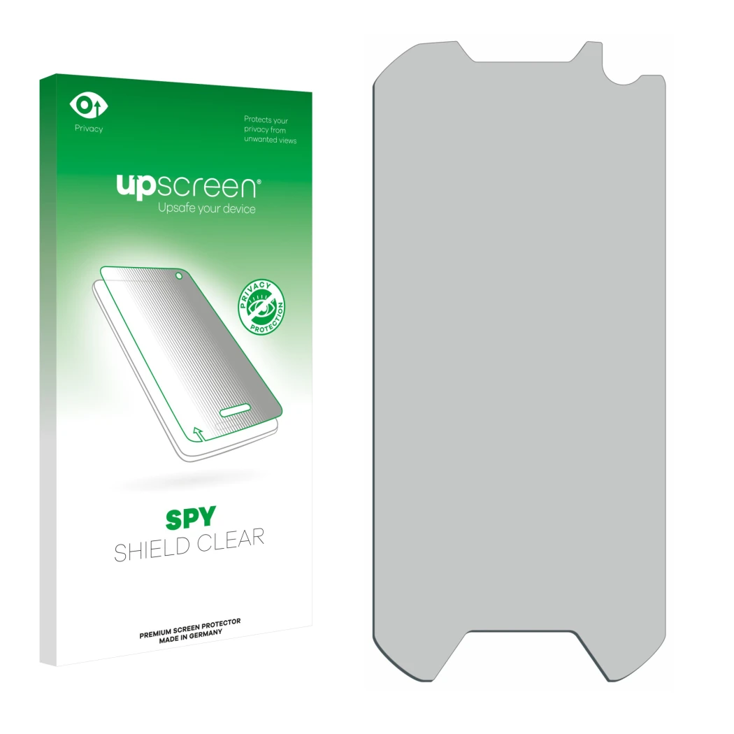 Front side of a product packaging with the brand logo upscreen. Next to it is the corresponding screen protector.