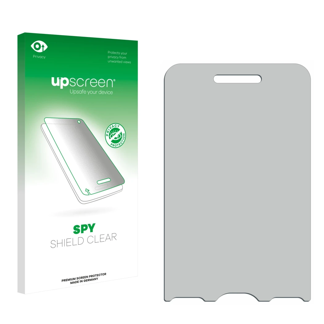 Front side of a product packaging with the brand logo upscreen. Next to it is the corresponding screen protector.