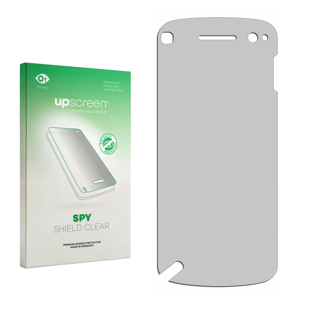Front side of a product packaging with the brand logo upscreen. Next to it is the corresponding screen protector.