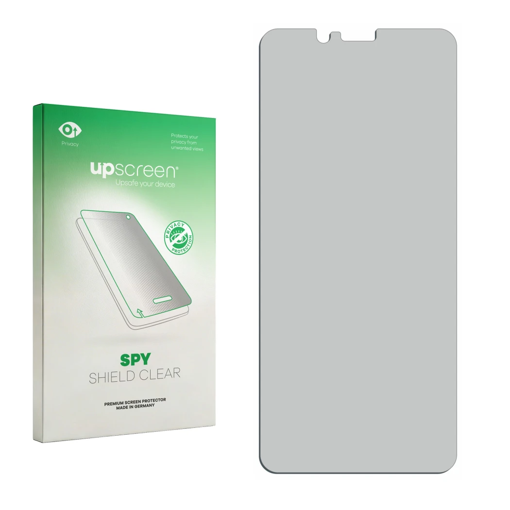 Front side of a product packaging with the brand logo upscreen. Next to it is the corresponding screen protector.