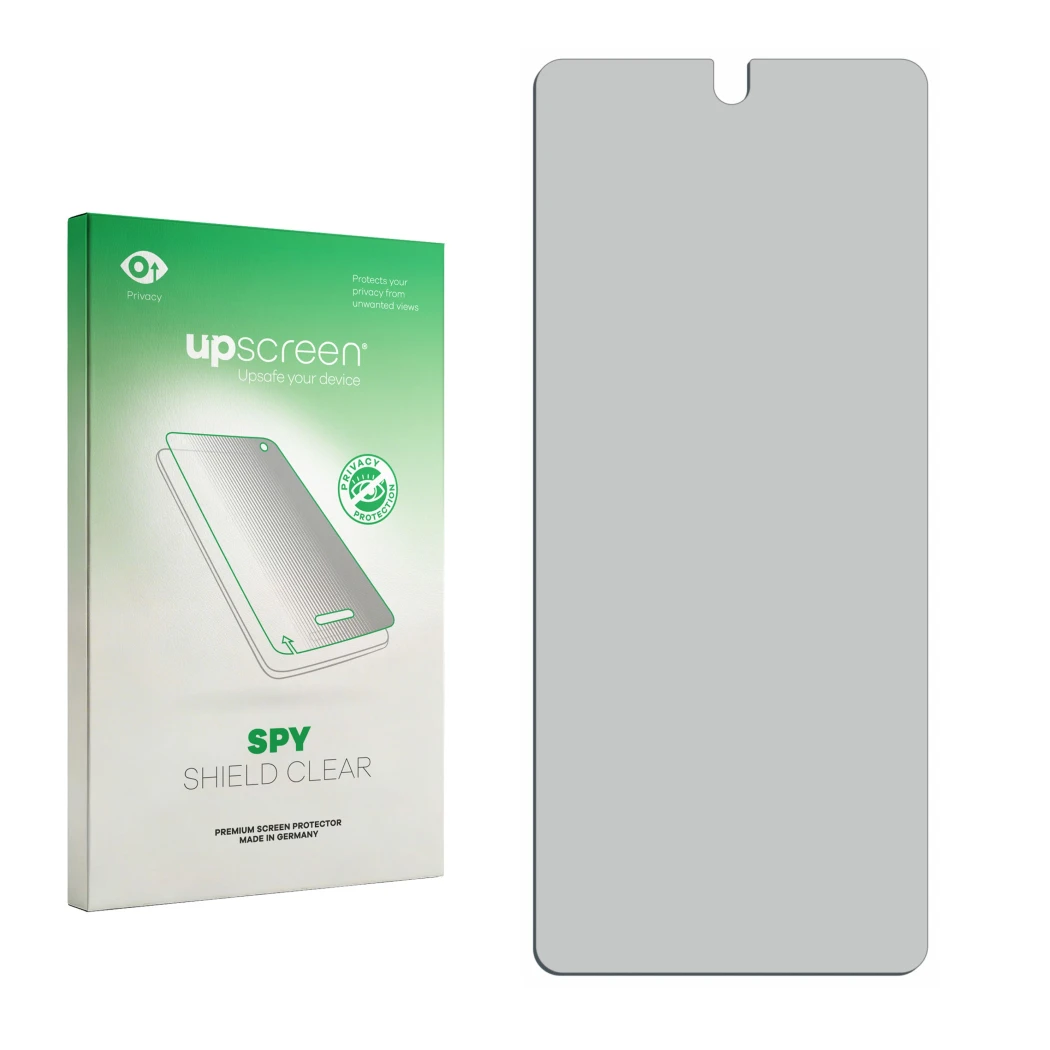 Front side of a product packaging with the brand logo upscreen. Next to it is the corresponding screen protector.