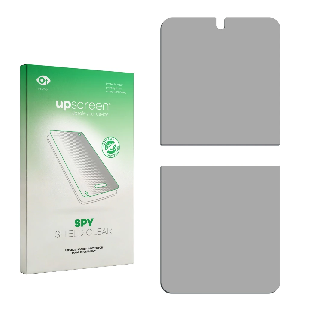 Front side of a product packaging with the brand logo upscreen. Next to it is the corresponding screen protector.