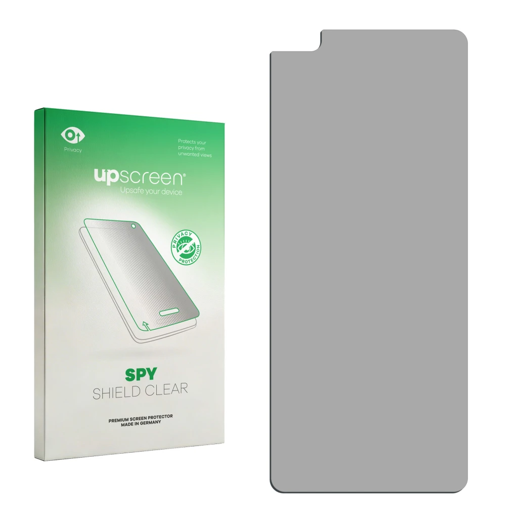 Front side of a product packaging with the brand logo upscreen. Next to it is the corresponding screen protector.