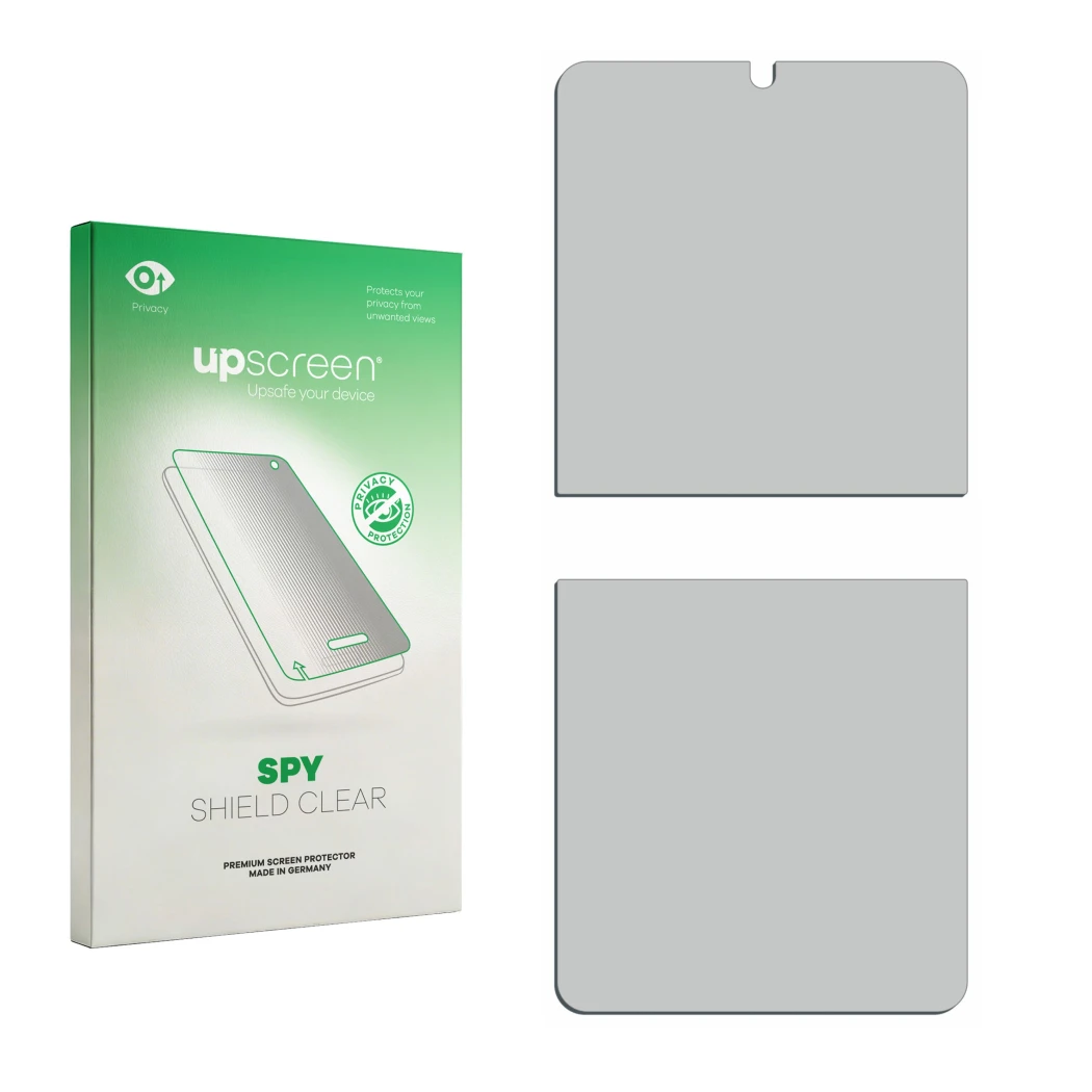 Front side of a product packaging with the brand logo upscreen. Next to it is the corresponding screen protector.