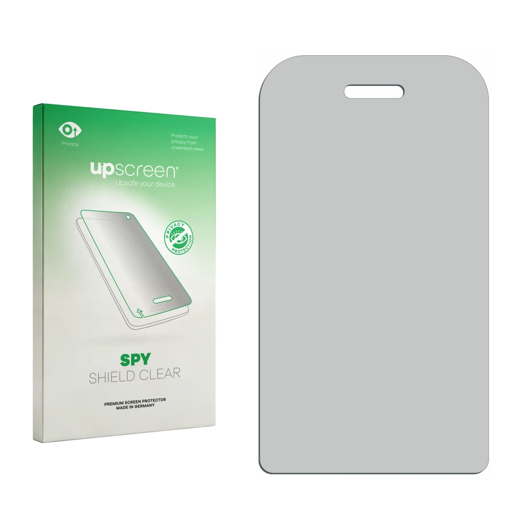 Front side of a product packaging with the brand logo upscreen. Next to it is the corresponding screen protector.