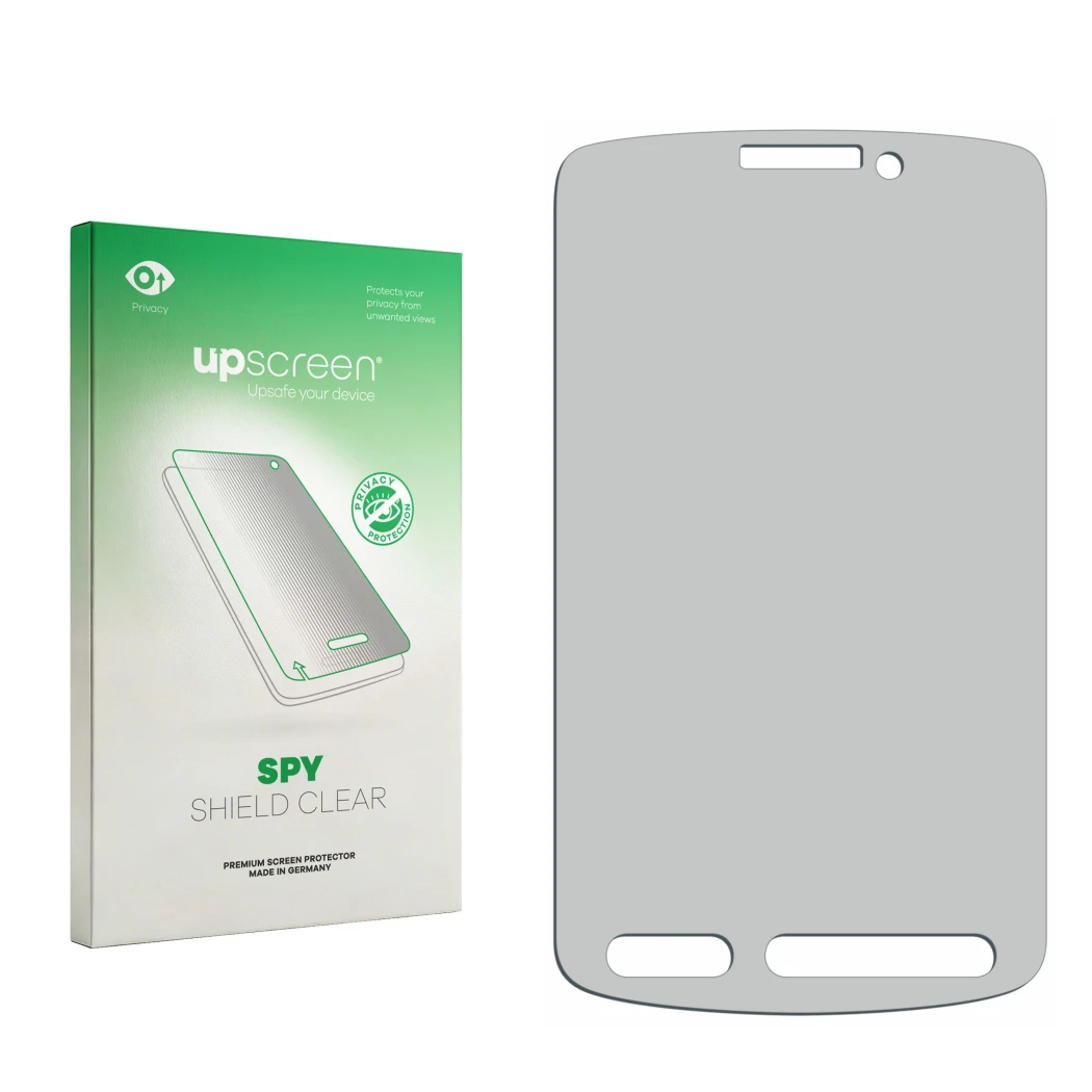 Front side of a product packaging with the brand logo upscreen. Next to it is the corresponding screen protector.